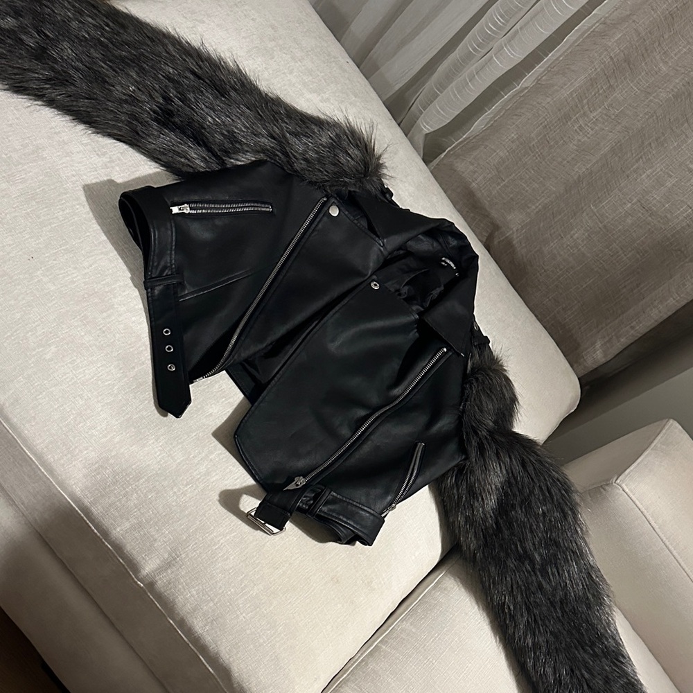 Women's Black Faux Leather Jacket with Fur Trim